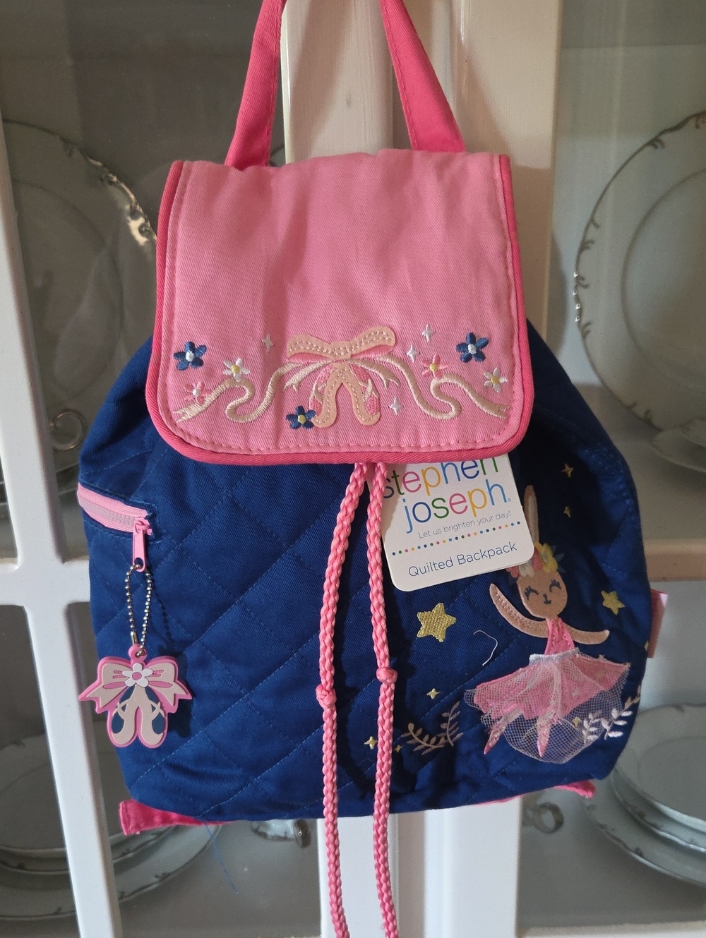 Stephen Joseph Navy & Pink Quilted Kids Backpack with Ballerina Embroidery